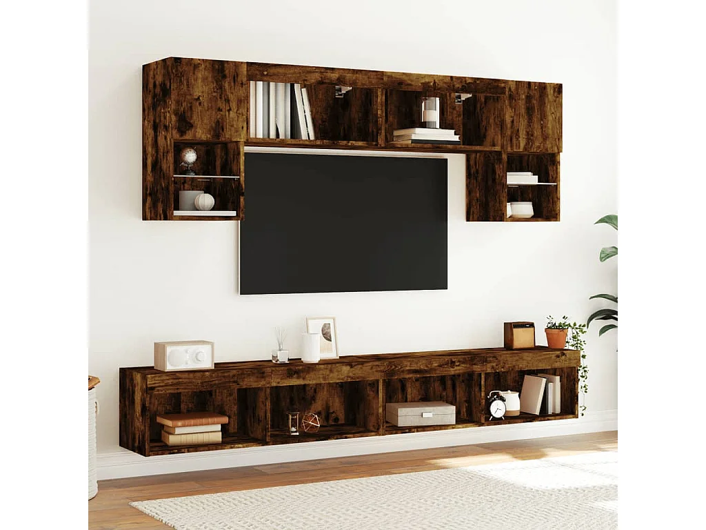 Mobili TV a Muro con LED 6pz Rovere Fumo in Legno Multistrato
