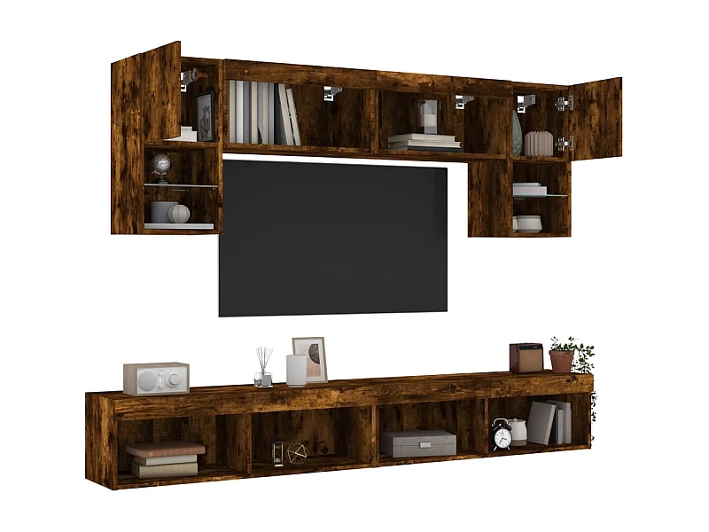 Mobili TV a Muro con LED 6pz Rovere Fumo in Legno Multistrato