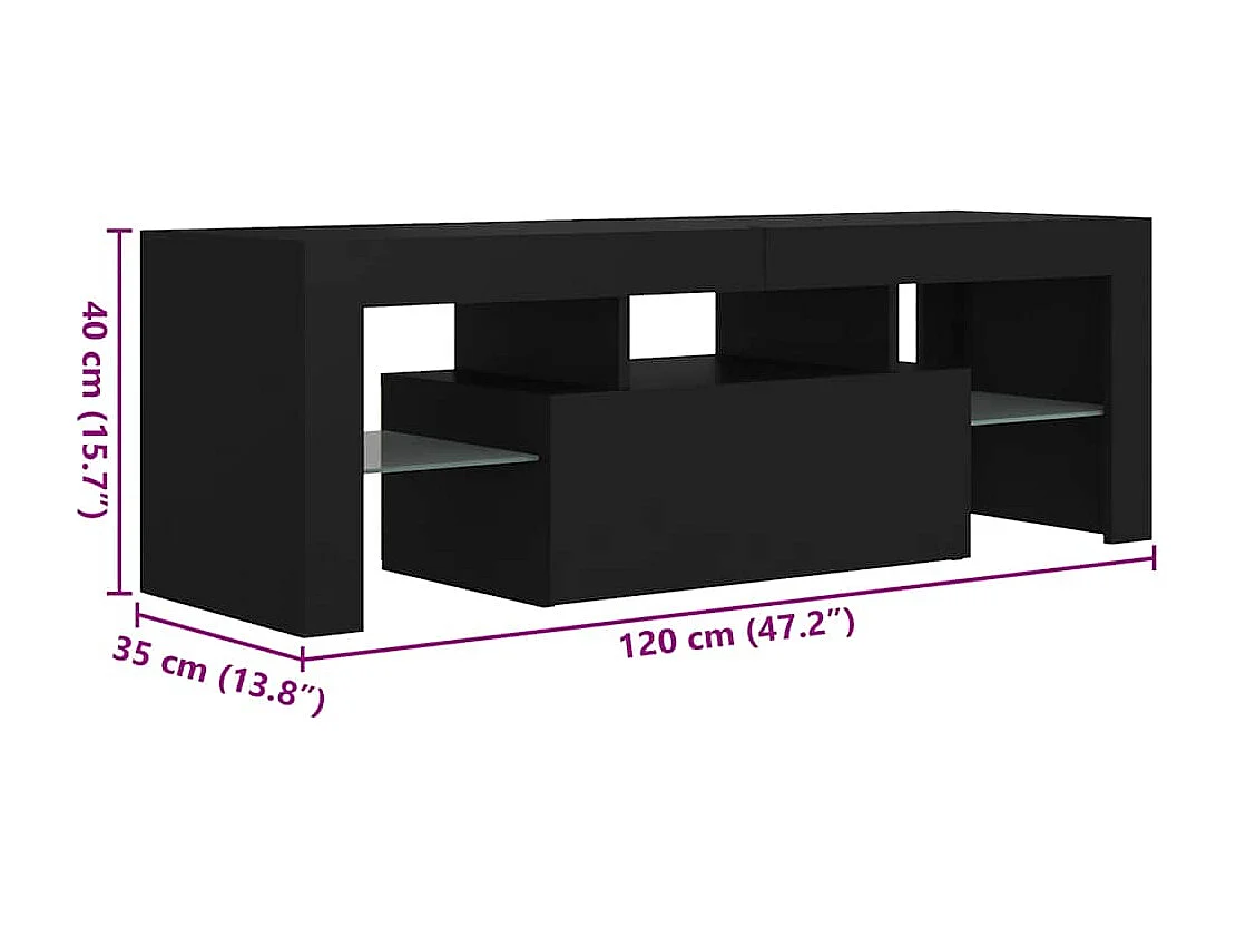 Czarny Mebel TV 120x35x40 cm z Oświetleniem LED RGB i Praktyczną Przestrzenią na Przechowywanie