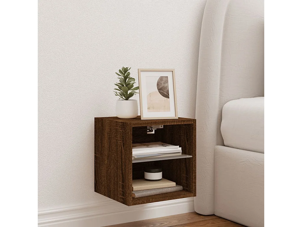 Mueble de TV de pared con luces LED roble marrón 30x28,5x30 cm