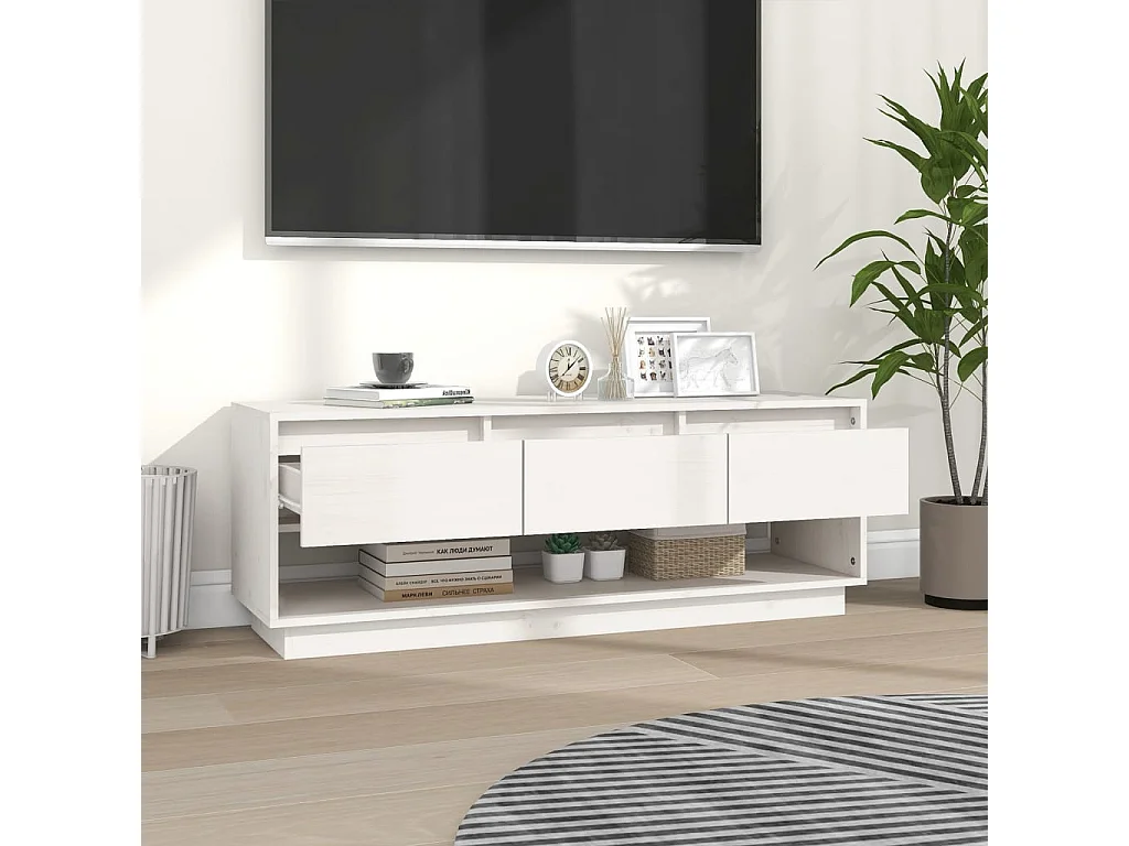 Meuble TV Blanc 110,5x34x40 cm Bois de pin massif