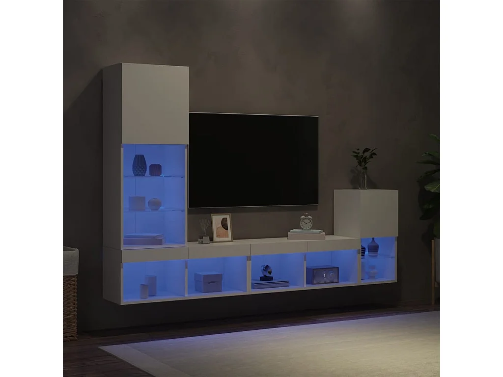 4-delige Tv-wandmeubelset met LED-verlichting bewerkt hout wit