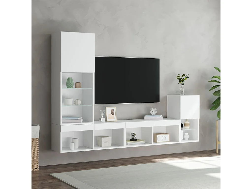 4-delige Tv-wandmeubelset met LED-verlichting bewerkt hout wit