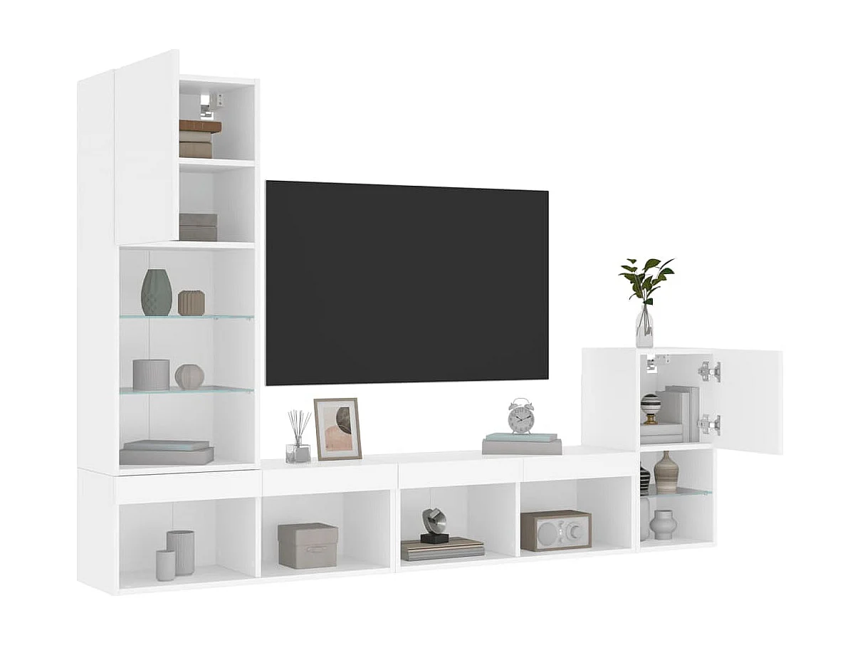 4-delige Tv-wandmeubelset met LED-verlichting bewerkt hout wit