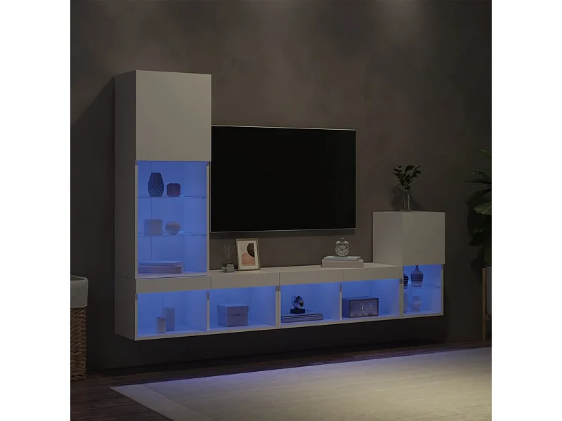 4-delige Tv-wandmeubelset met LED-verlichting bewerkt hout wit