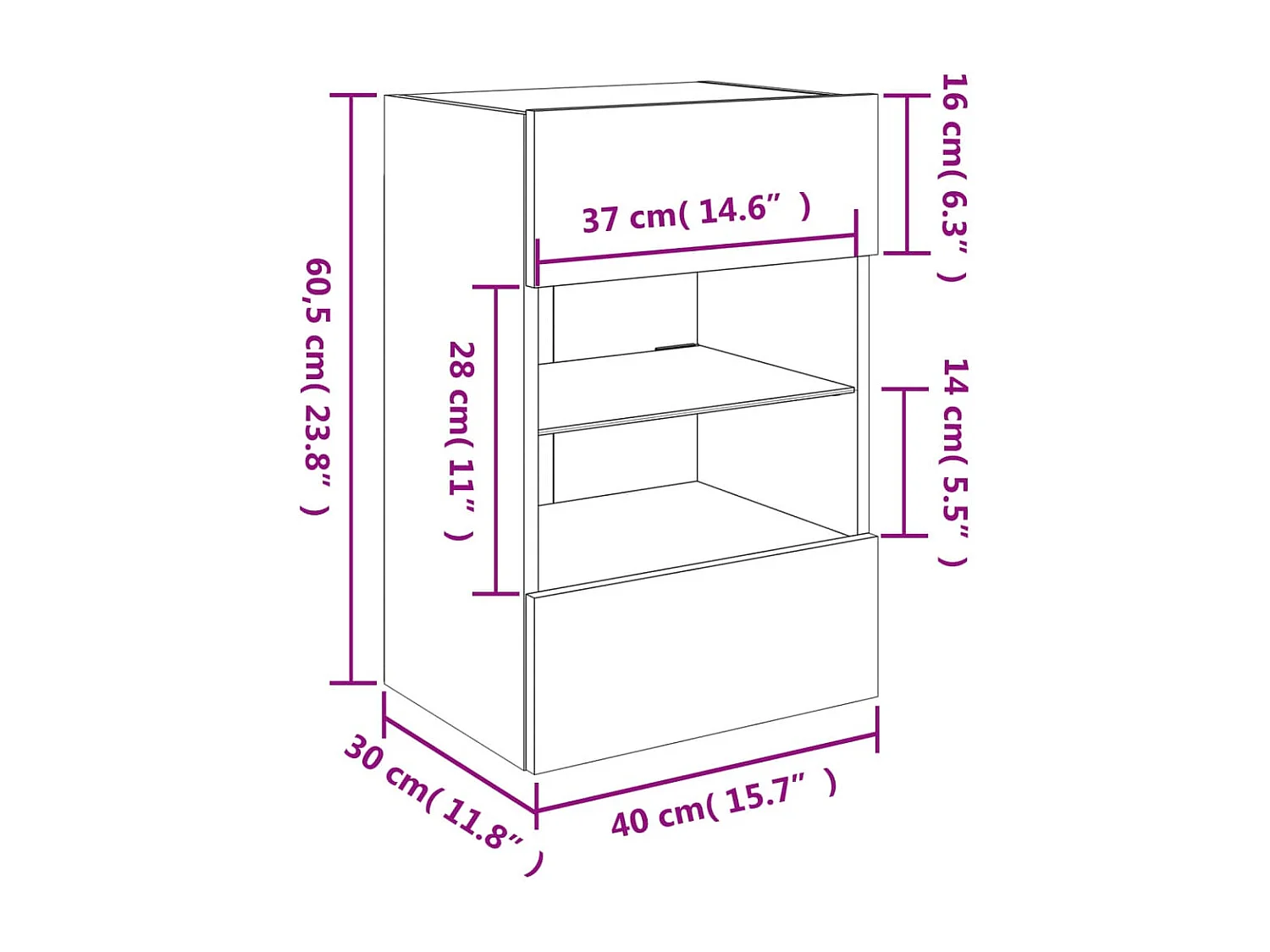 Móvel de parede p/ TV c/ luzes LED 40x30x60,5cm cinzento sonoma