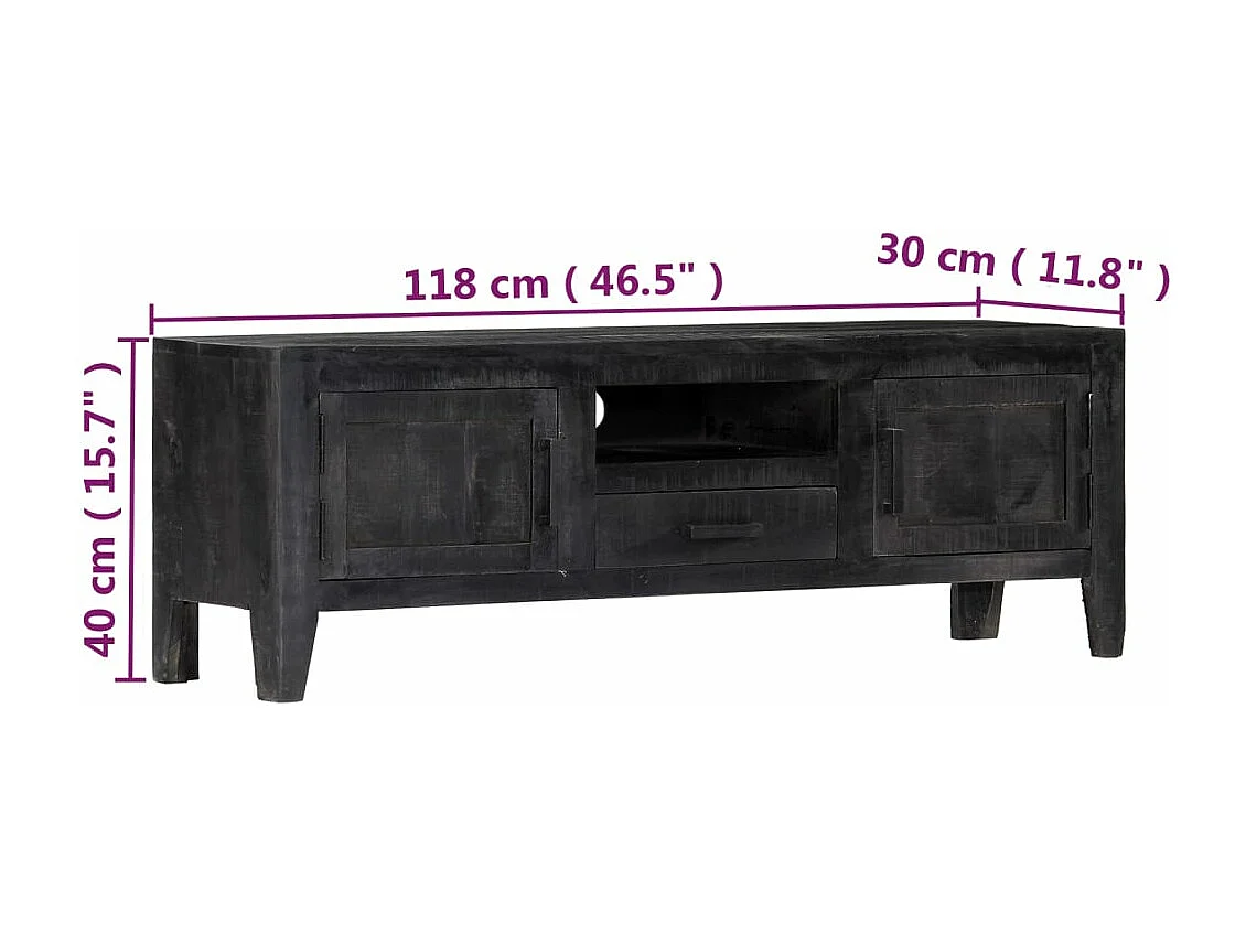 Meuble TV Noir 118x30x40 cm Bois de manguier massif