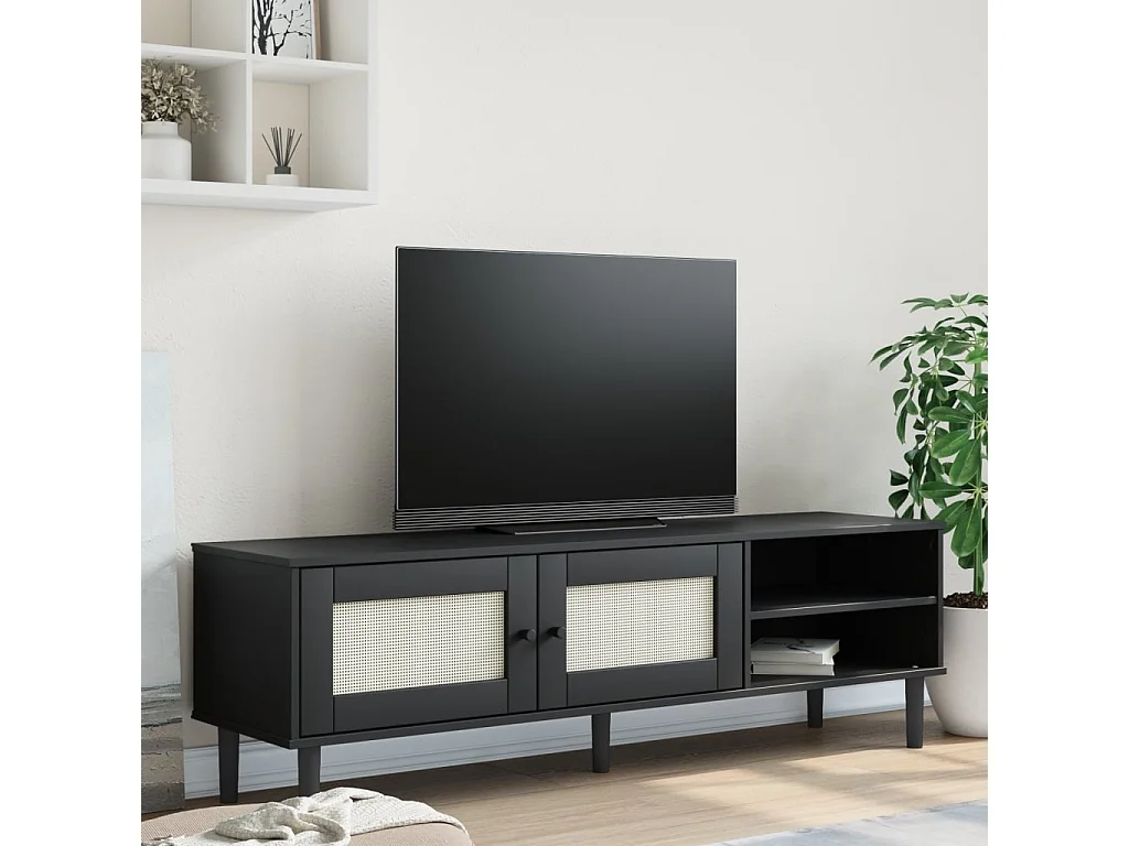Meuble TV SENJA aspect rotin noir 158x40x49cm bois massif pin