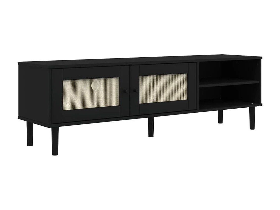 Meuble TV SENJA aspect rotin noir 158x40x49cm bois massif pin