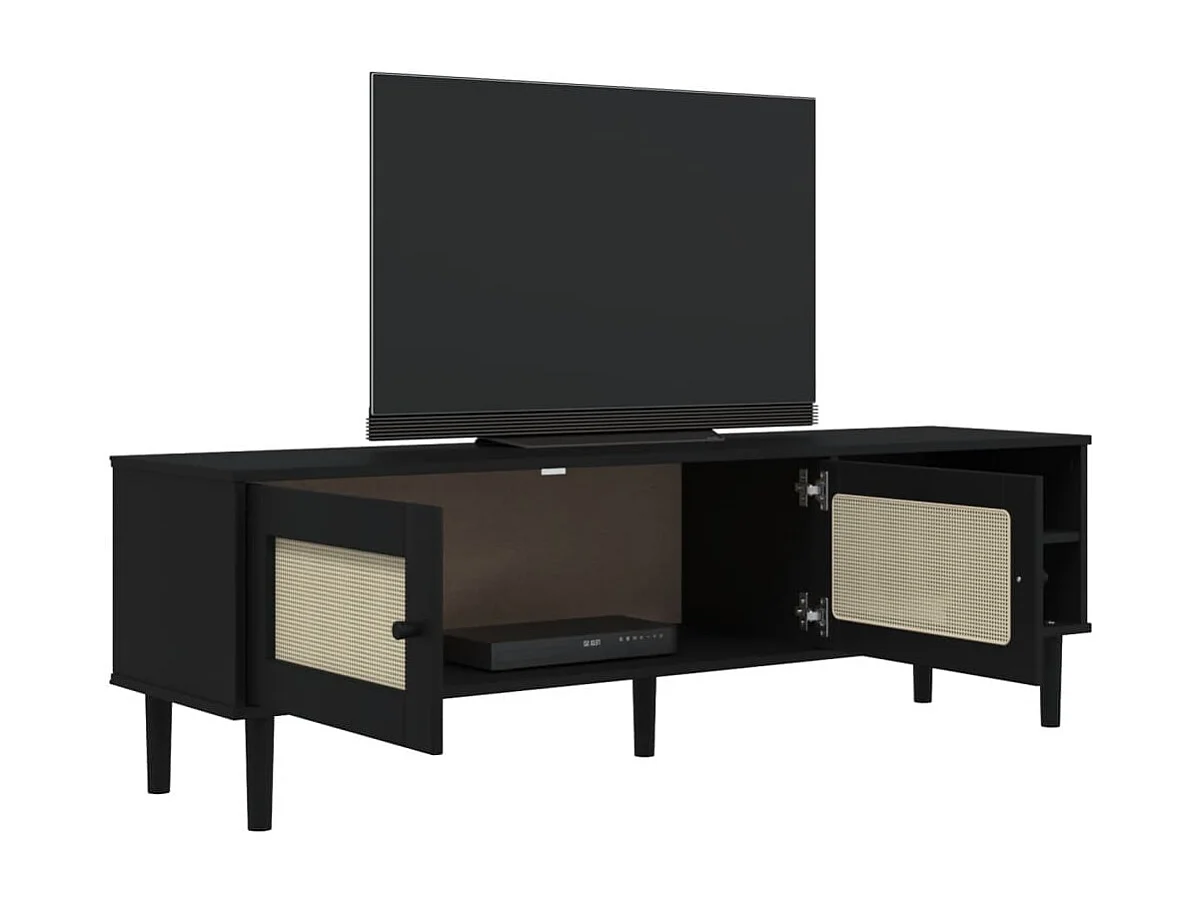 Meuble TV SENJA aspect rotin noir 158x40x49cm bois massif pin