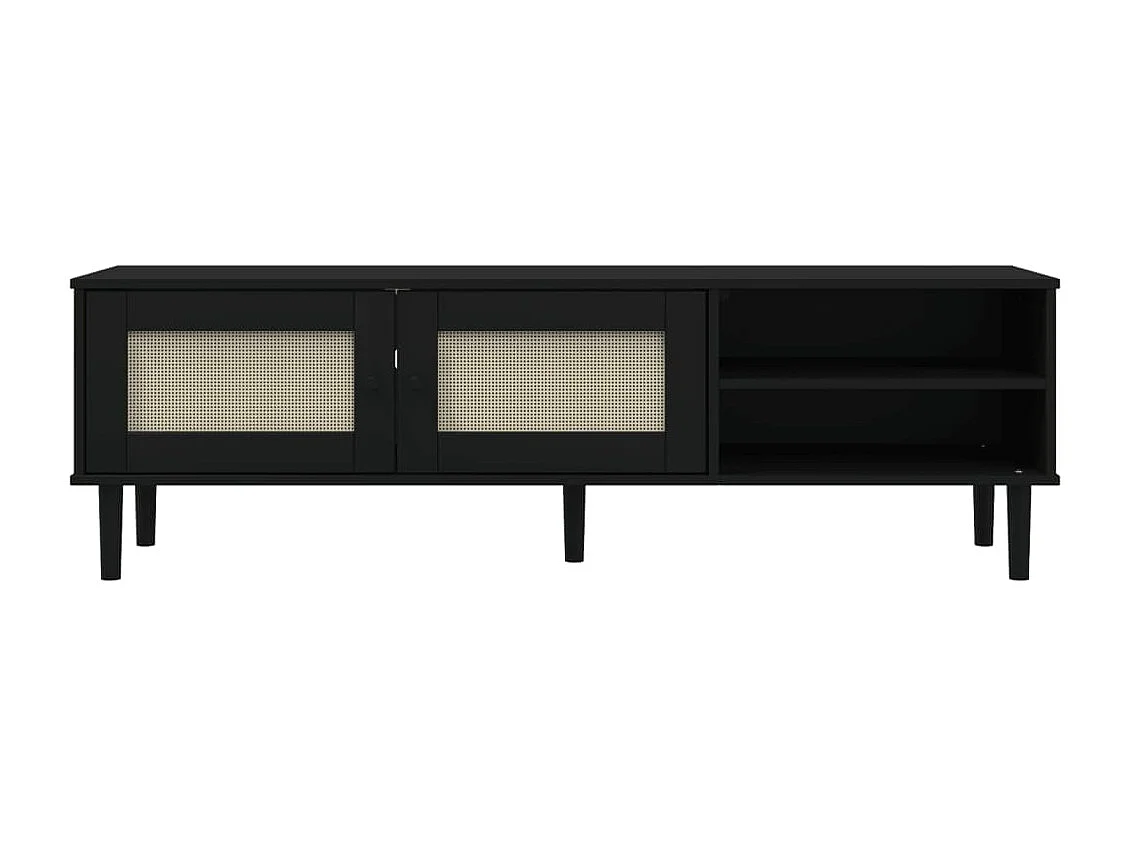Meuble TV SENJA aspect rotin noir 158x40x49cm bois massif pin