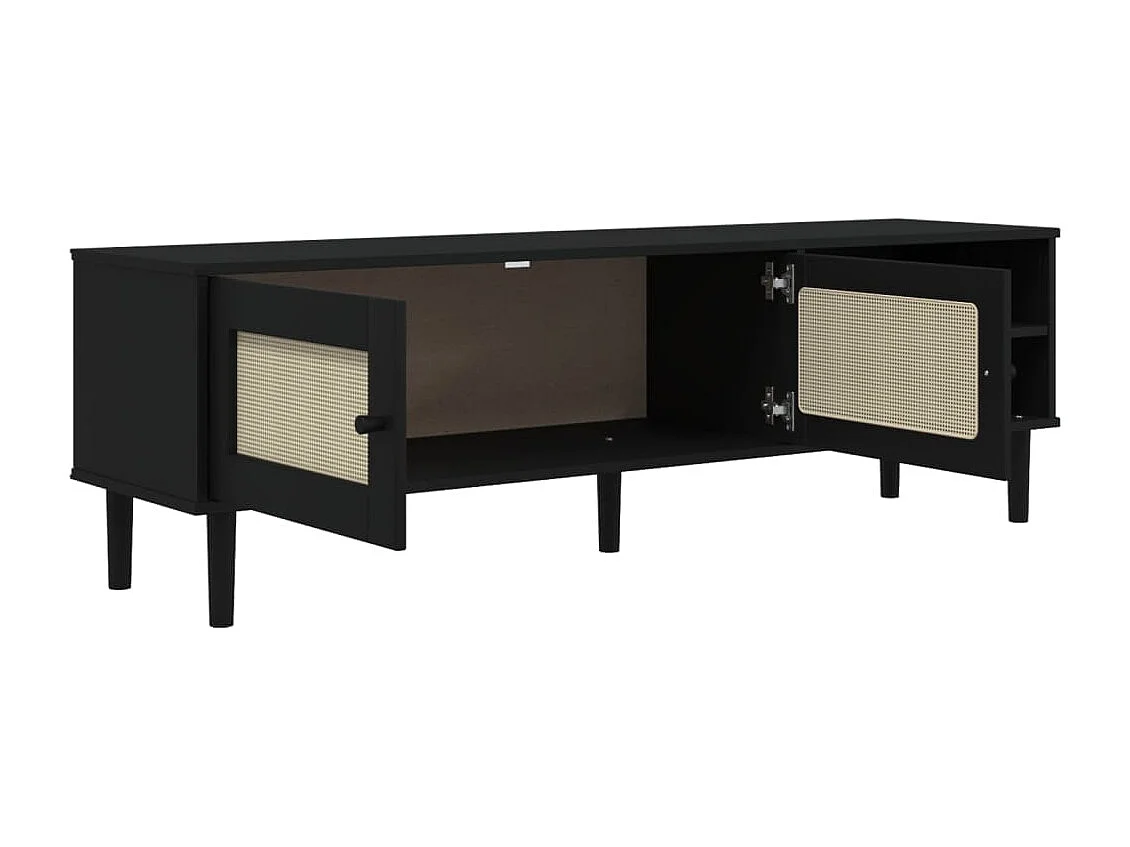 Meuble TV SENJA aspect rotin noir 158x40x49cm bois massif pin