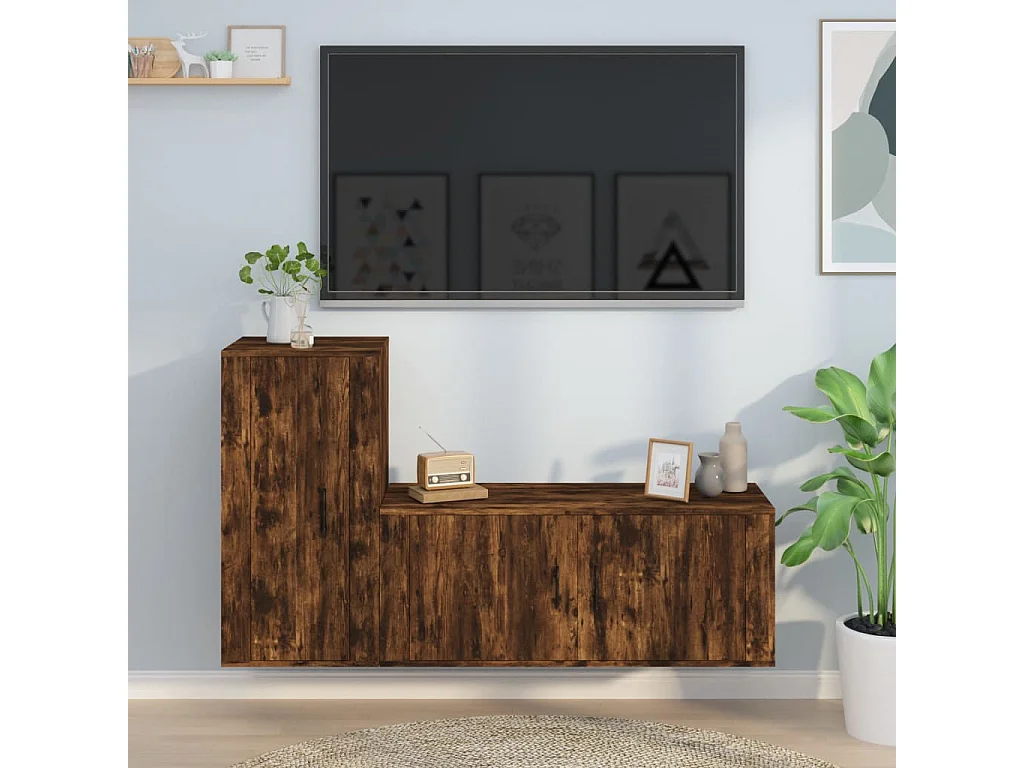 2-delige Tv-meubelset bewerkt hout gerookt eikenkleurig