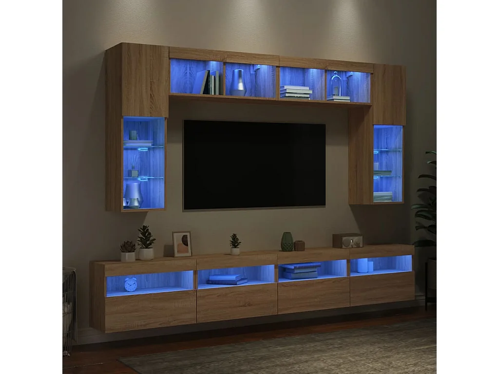 Ensemble de meubles TV muraux 8pcs et lumières LED chêne sonoma
