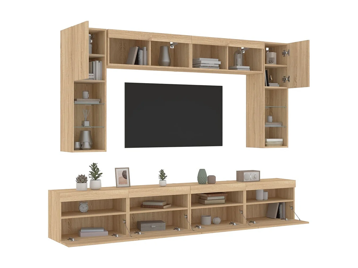 Ensemble de meubles TV muraux 8pcs et lumières LED chêne sonoma