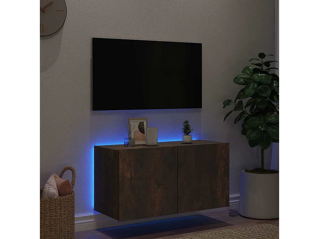 Meuble TV mural avec lumières LED chêne fumé 80x35x41 cm
