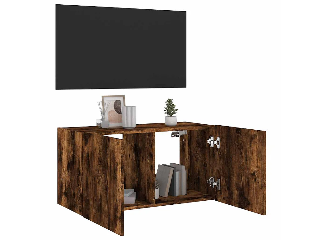 Meuble TV mural avec lumières LED chêne fumé 80x35x41 cm