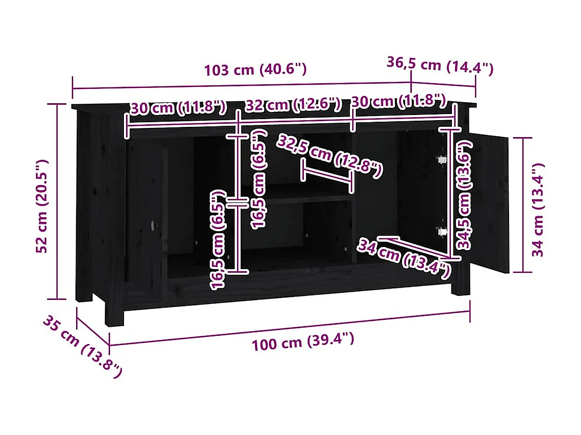 Meuble TV Noir 103x36,5x52 cm Bois de pin massif