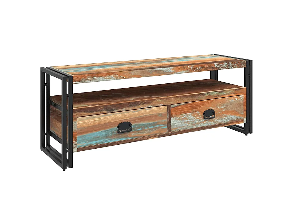 Vintage szafka RTV z litego drewna z recyklingu, wielokolorowa z LED, 2 szuflady i półka, solidna stalowa konstrukcja, ręcznie wykonana