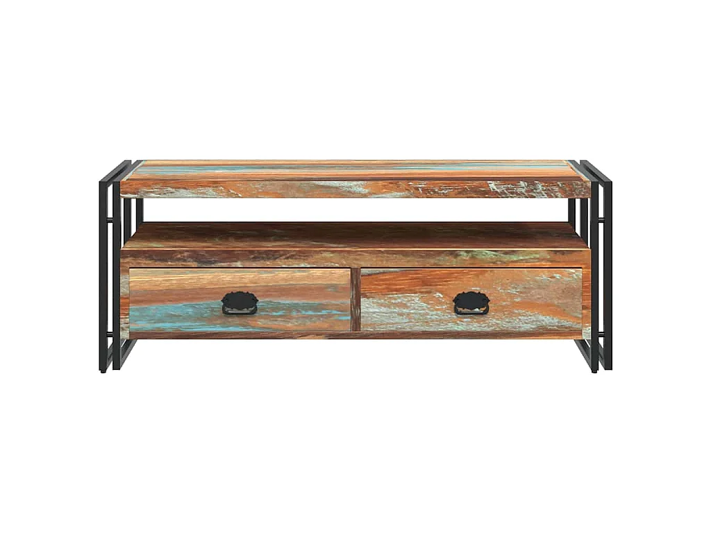 Vintage szafka RTV z litego drewna z recyklingu, wielokolorowa z LED, 2 szuflady i półka, solidna stalowa konstrukcja, ręcznie wykonana