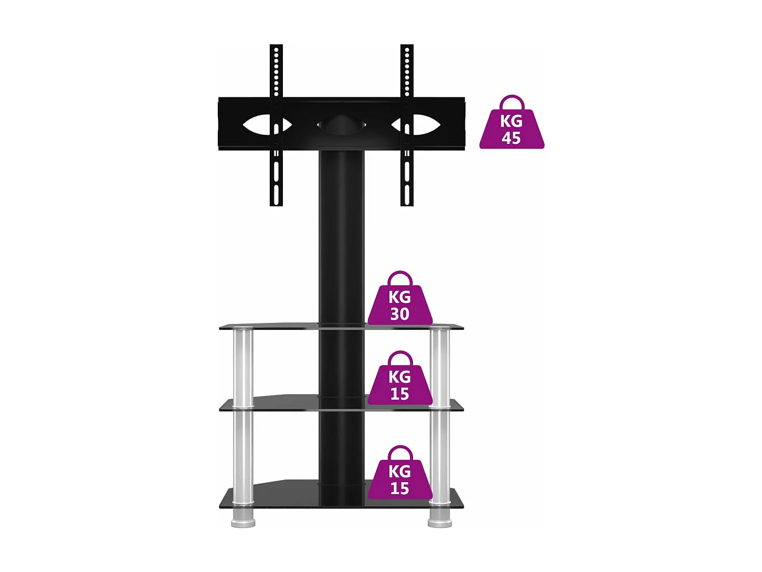 Meuble TV d'angle 3 niveaux pour 32-70 pouces noir et argenté