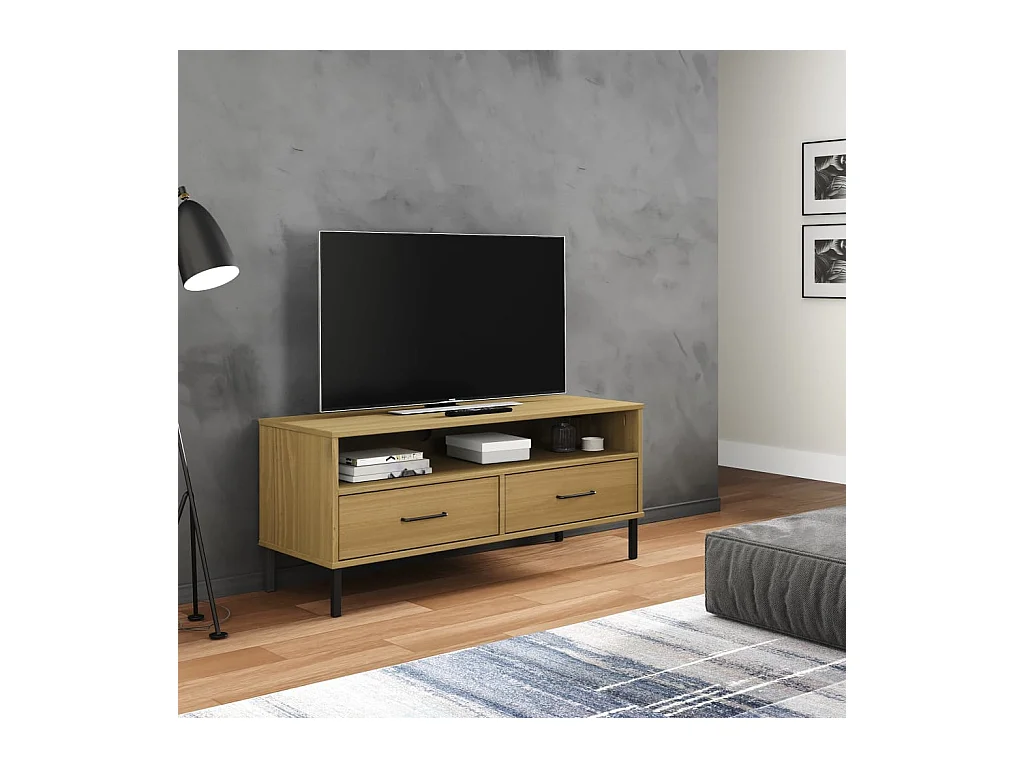 Mobile TV con Gambe Metallo Marrone Legno Massello di Pino OSLO