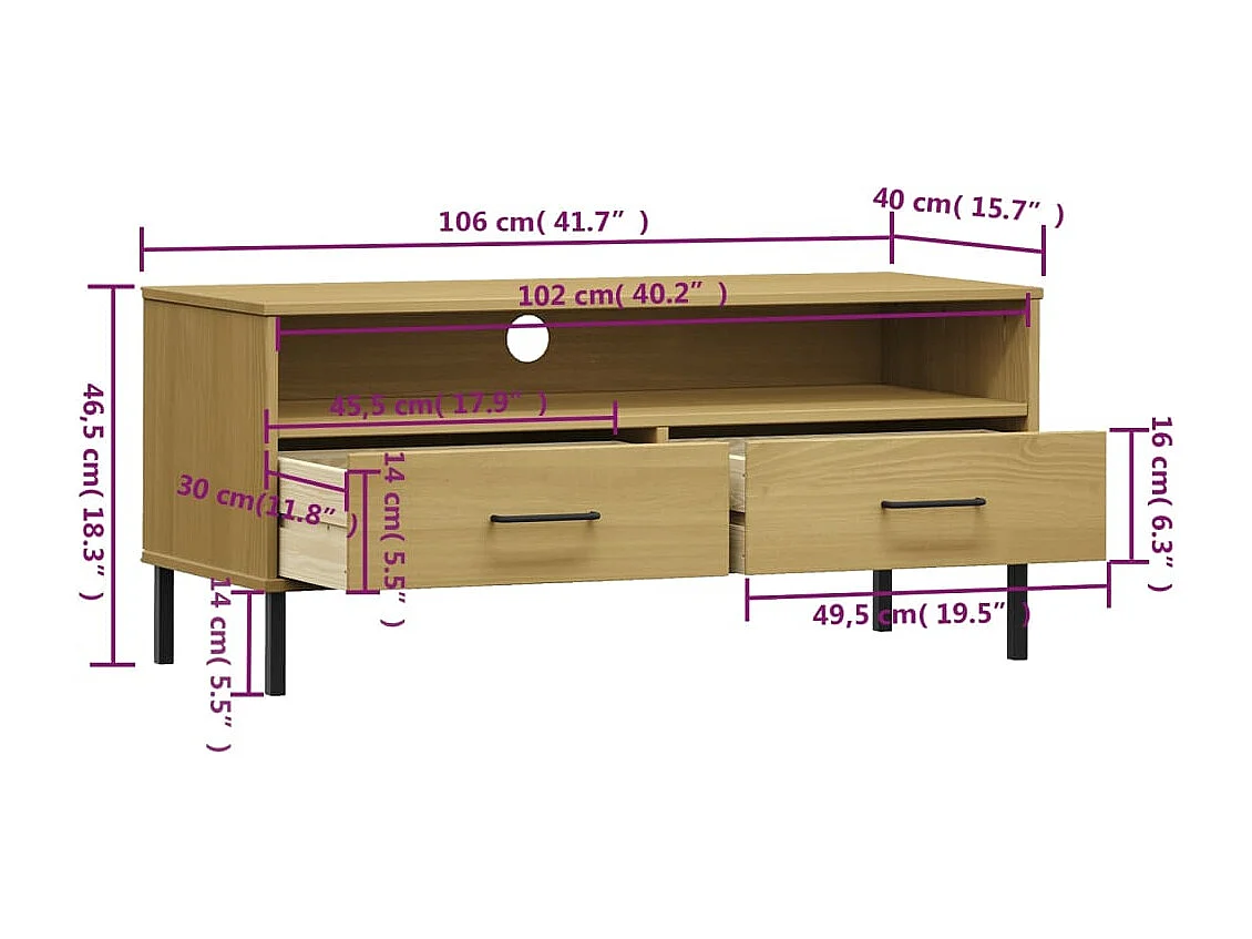 TV-Schrank OSLO mit Metallbeinen Braun Massivholz Kiefer