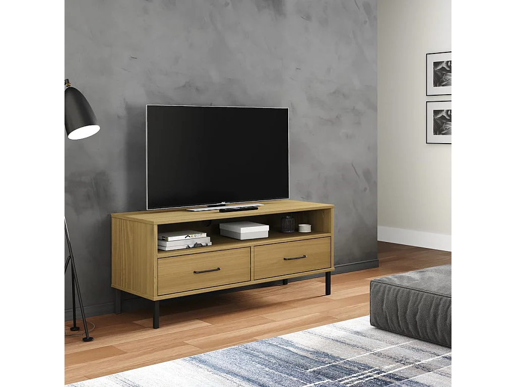 Móvel de TV c/ pernas de metal pinho maciço OSLO castanho