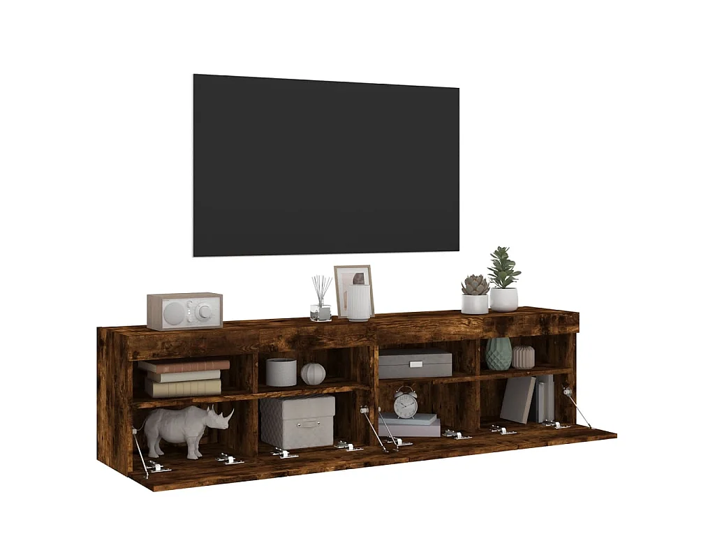 Meubles TV muraux et lumières LED 2pcs chêne fumé 80x30x40 cm