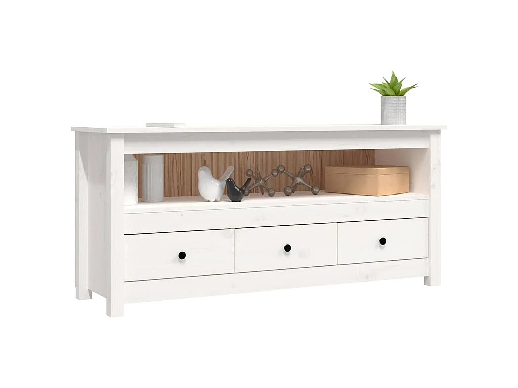 Mobile Porta TV Bianco 114x35x52 cm in Legno Massello di Pino
