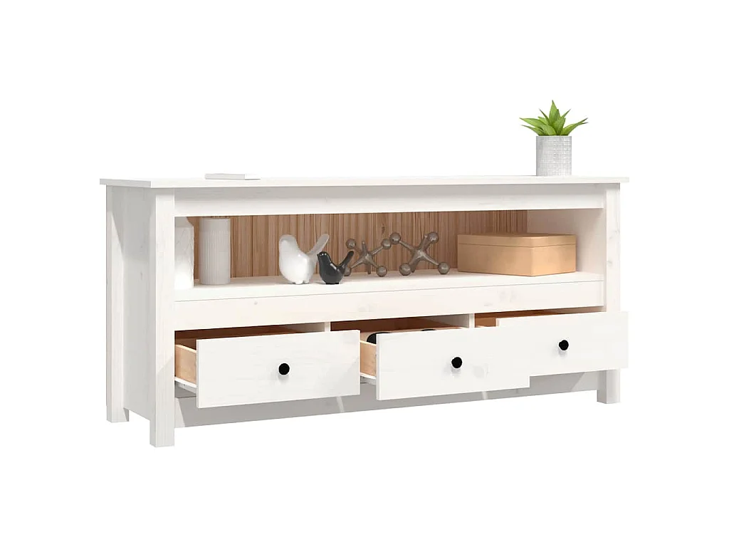 Mobile Porta TV Bianco 114x35x52 cm in Legno Massello di Pino