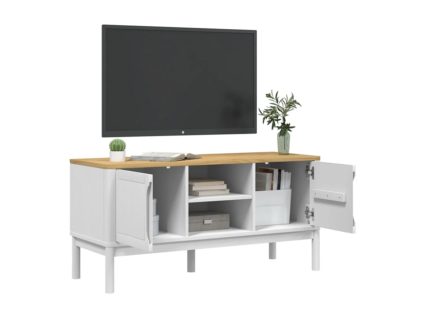 Meuble TV FLORO blanc 114x43x55 cm bois massif de pin