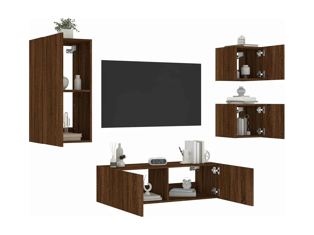 4-tlg. TV-Wohnwand mit LED-Leuchten Braun Eichen-Optik