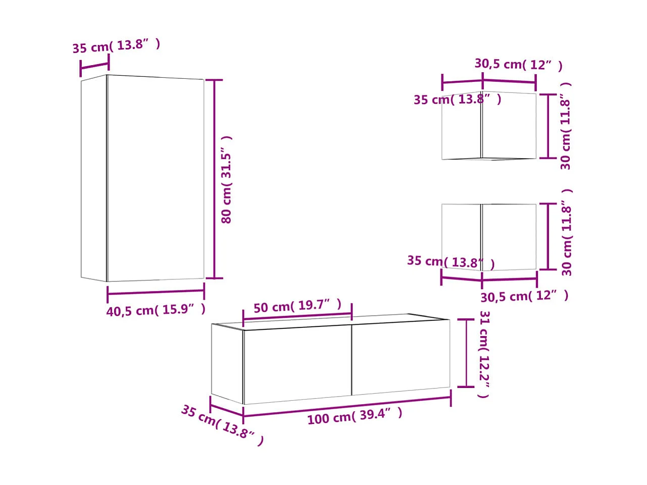 4-tlg. TV-Wohnwand mit LED-Leuchten Braun Eichen-Optik