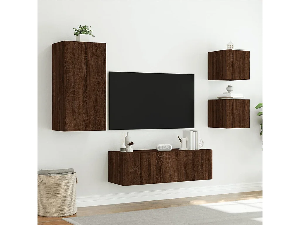 4-tlg. TV-Wohnwand mit LED-Leuchten Braun Eichen-Optik