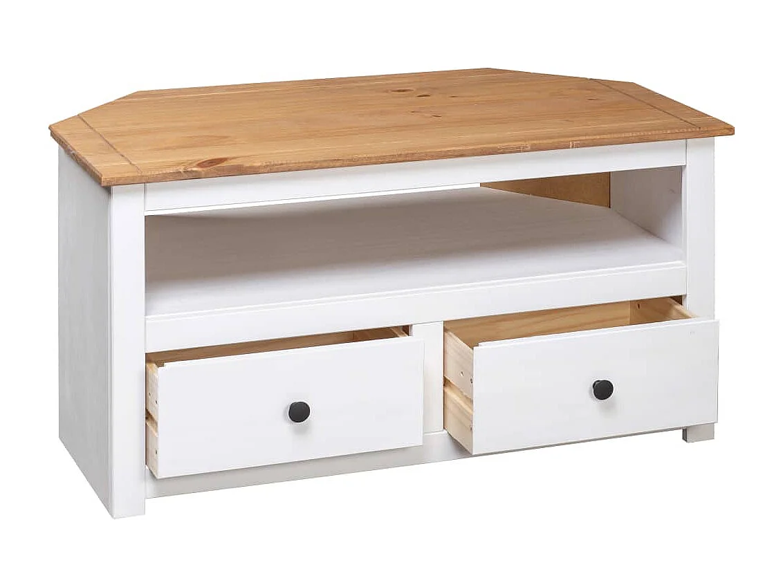 Narożna Szafka TV Biała 93x49x49 cm Sosna Massif Panama z Półkami
