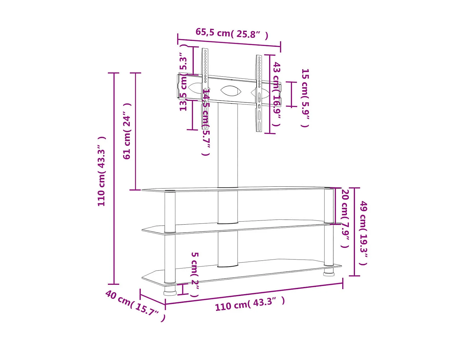 Tv-standaard hoek 3-laags voor 32-70 inch zwart en zilverkleur