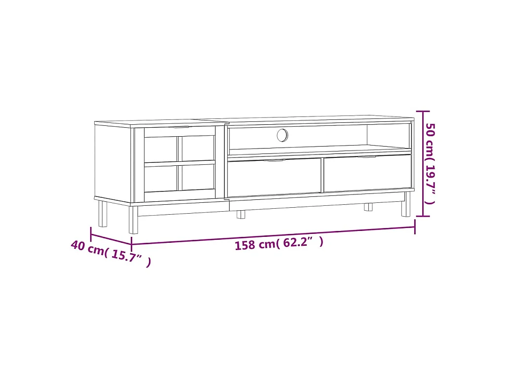 Meuble TV avec porte vitrée FLAM 158x40x50cm bois massif de pin