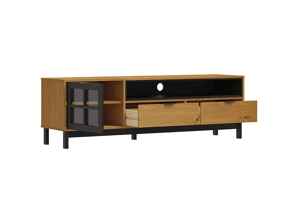 Meuble TV avec porte vitrée FLAM 158x40x50cm bois massif de pin
