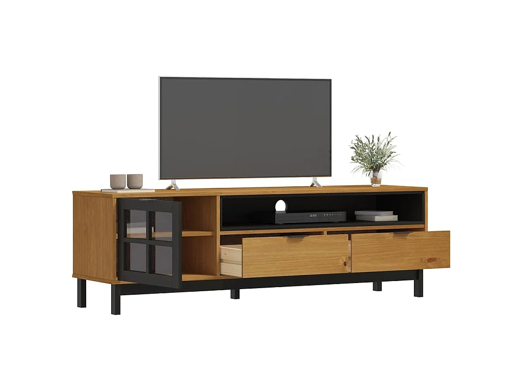 Meuble TV avec porte vitrée FLAM 158x40x50cm bois massif de pin