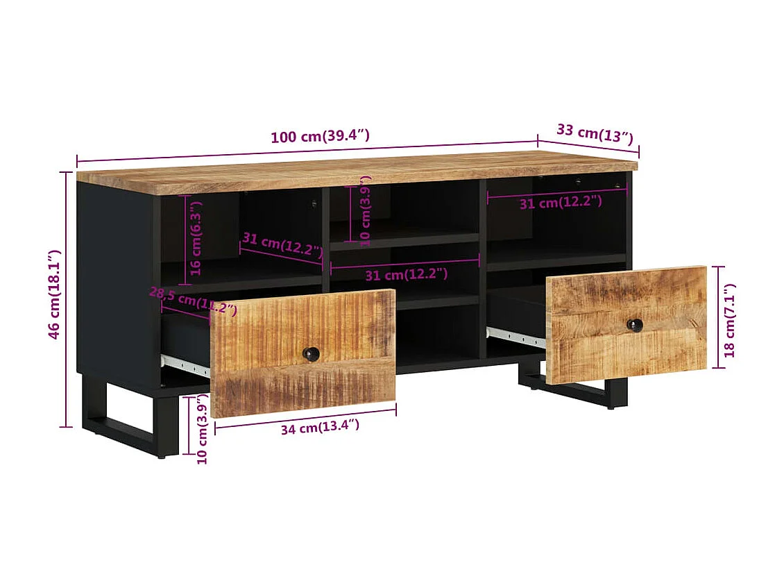Meuble TV 100x33x46 cm bois de manguier et d'ingénierie