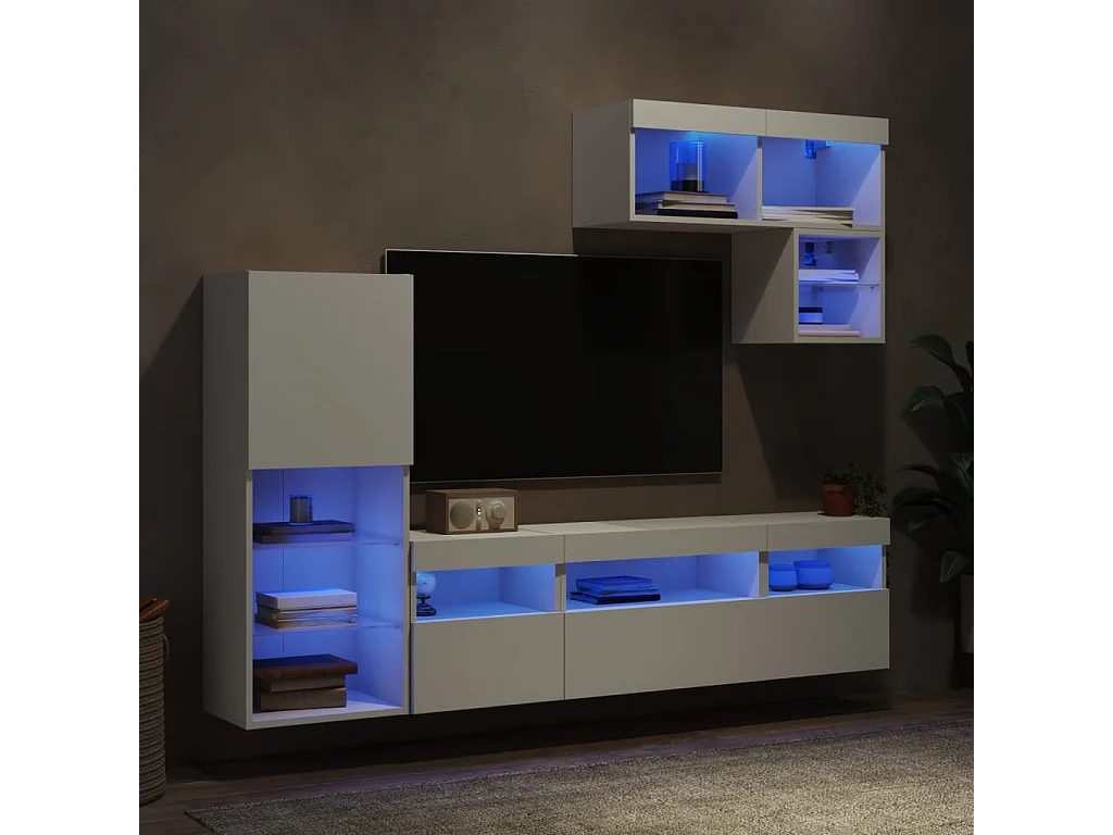 Unités murales TV avec LED 6 pcs blanc bois d'ingénierie