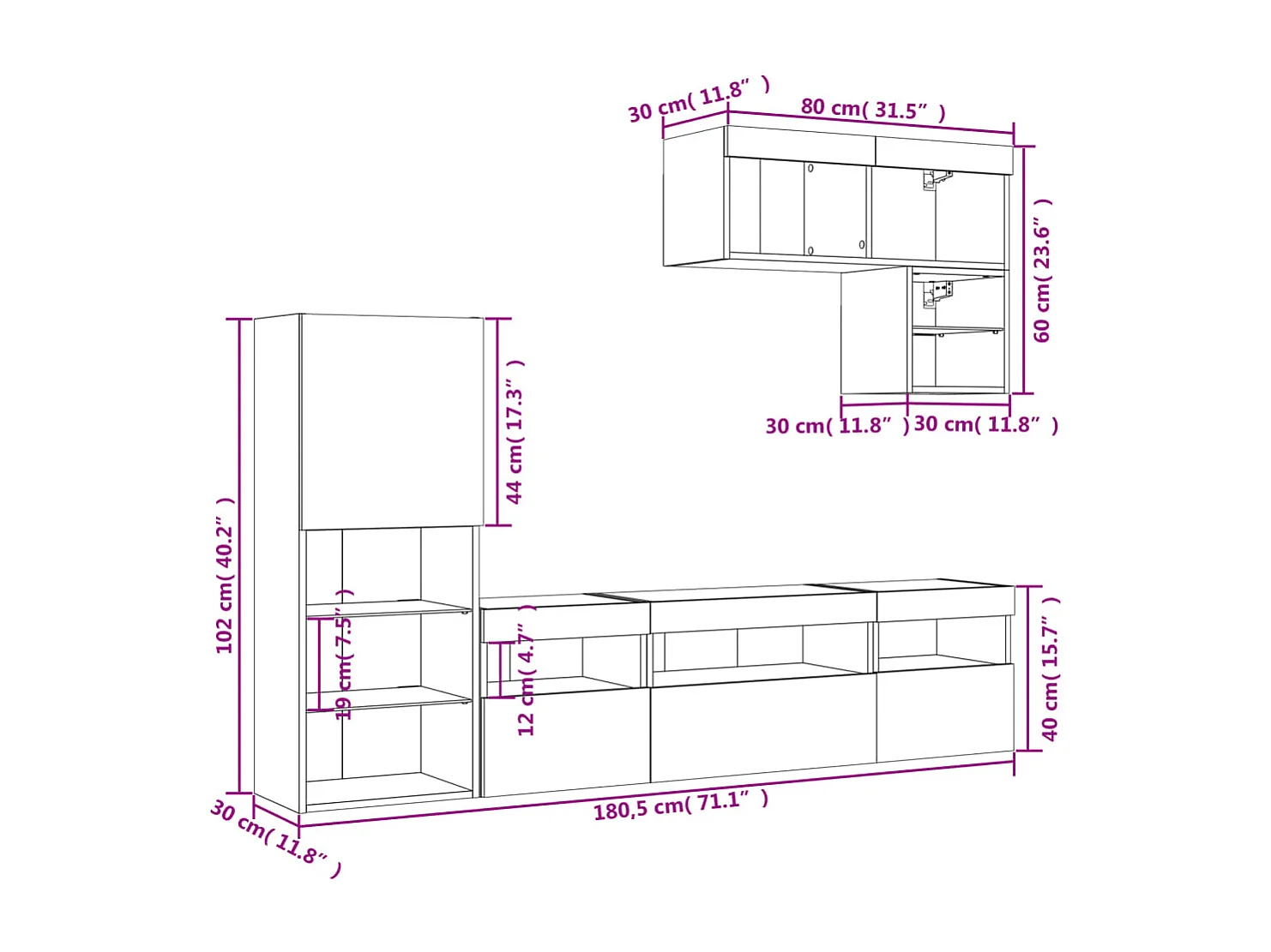 Unités murales TV avec LED 6 pcs blanc bois d'ingénierie