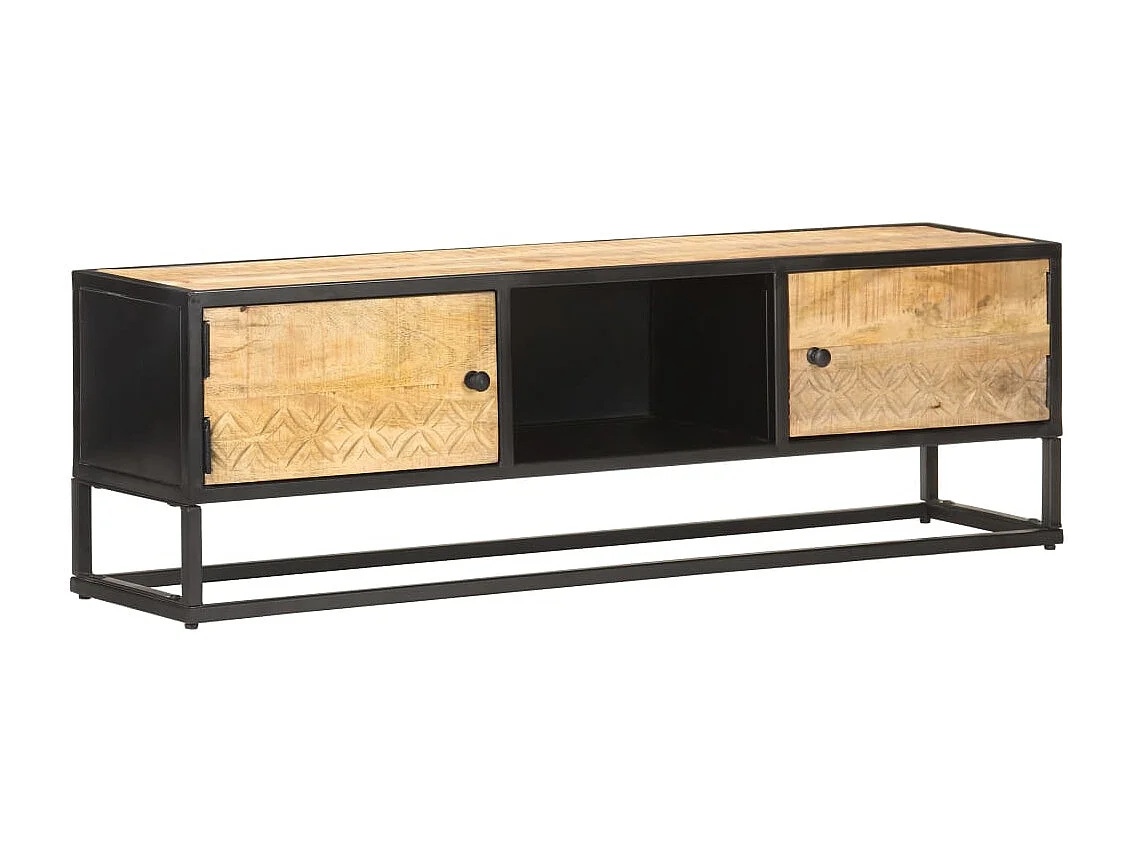 Meuble TV avec porte sculptée 130x30x40cm Bois de manguier brut