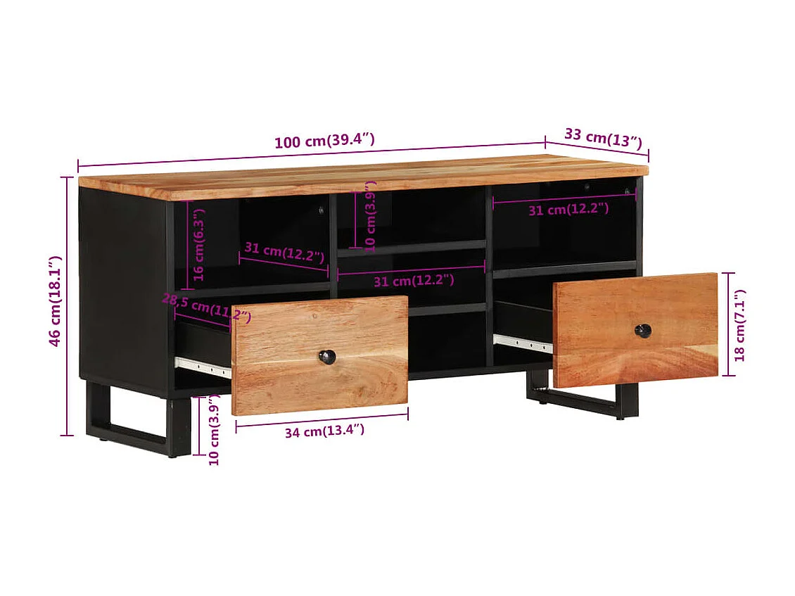 Meuble TV 100x33x46 cm bois d'acacia solide et d'ingénierie