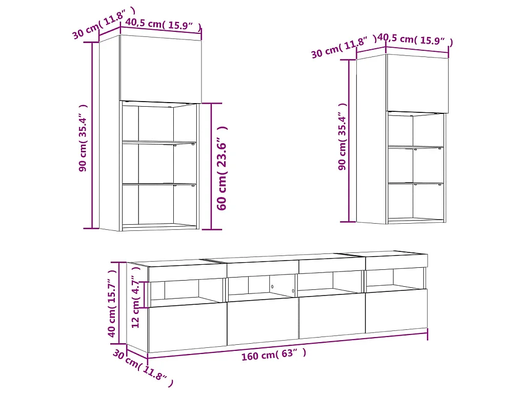 Unités murales TV avec LED 5 pcs chêne sonoma bois d'ingénierie