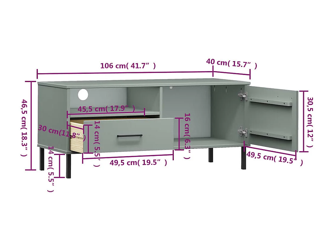 Meuble TV avec pieds en métal Gris Bois de pin massif OSLO