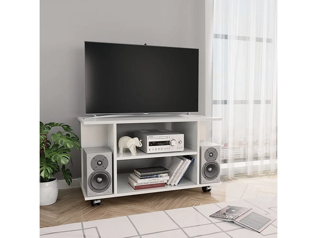 Meuble TV roulettes blanc brillant 80x40x45 cm bois ingénierie
