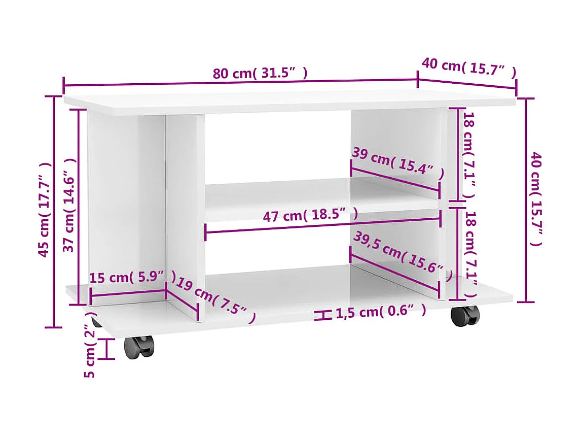 Meuble TV roulettes blanc brillant 80x40x45 cm bois ingénierie