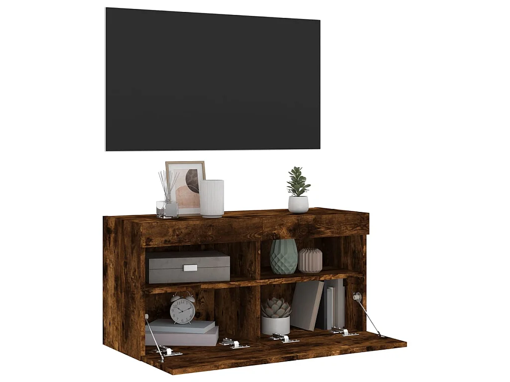 Meuble TV mural avec lumières LED chêne fumé 80x30x40 cm